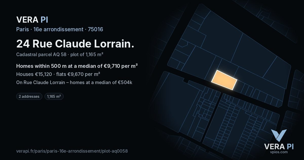 24 Rue Claude Lorrain, 16e arrondissement at night – the plot lit, the parcels around coloured by the prices near them