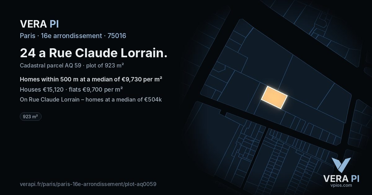 24 a Rue Claude Lorrain, 16e arrondissement at night – the plot lit, the parcels around coloured by the prices near them