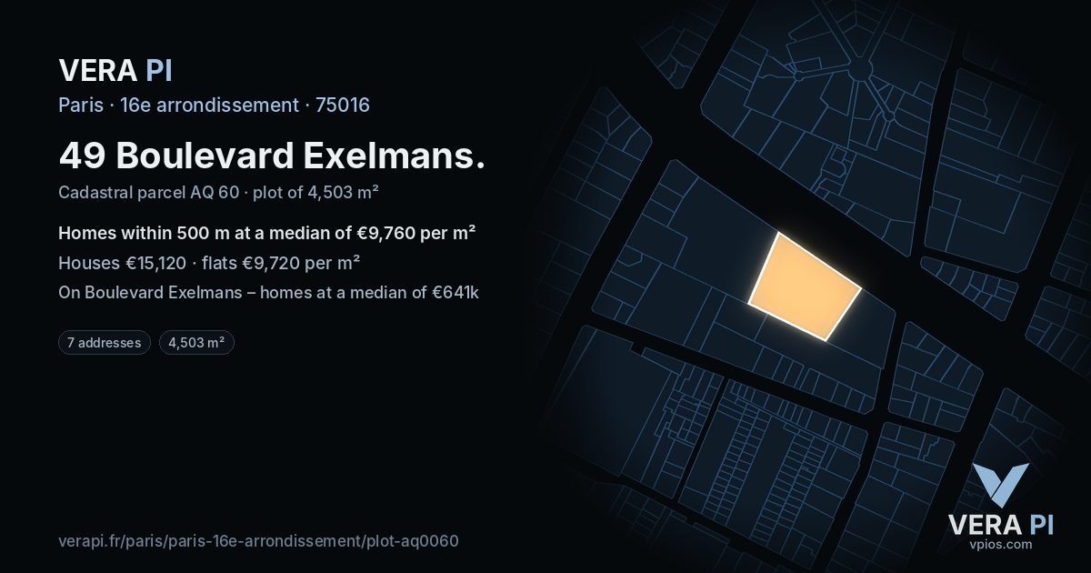 49 Boulevard Exelmans, 16e arrondissement at night – the plot lit, the parcels around coloured by the prices near them