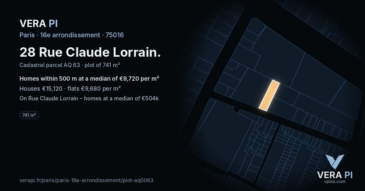 28 Rue Claude Lorrain, 16e arrondissement at night – the plot lit, the parcels around coloured by the prices near them