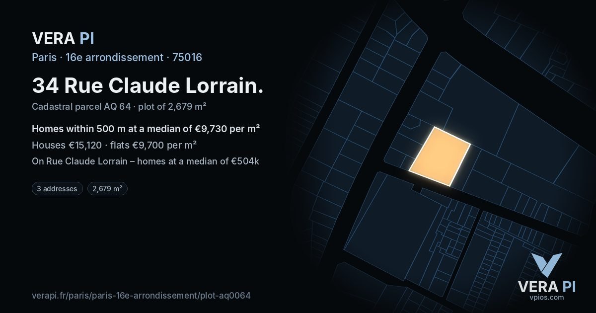 34 Rue Claude Lorrain, 16e arrondissement at night – the plot lit, the parcels around coloured by the prices near them