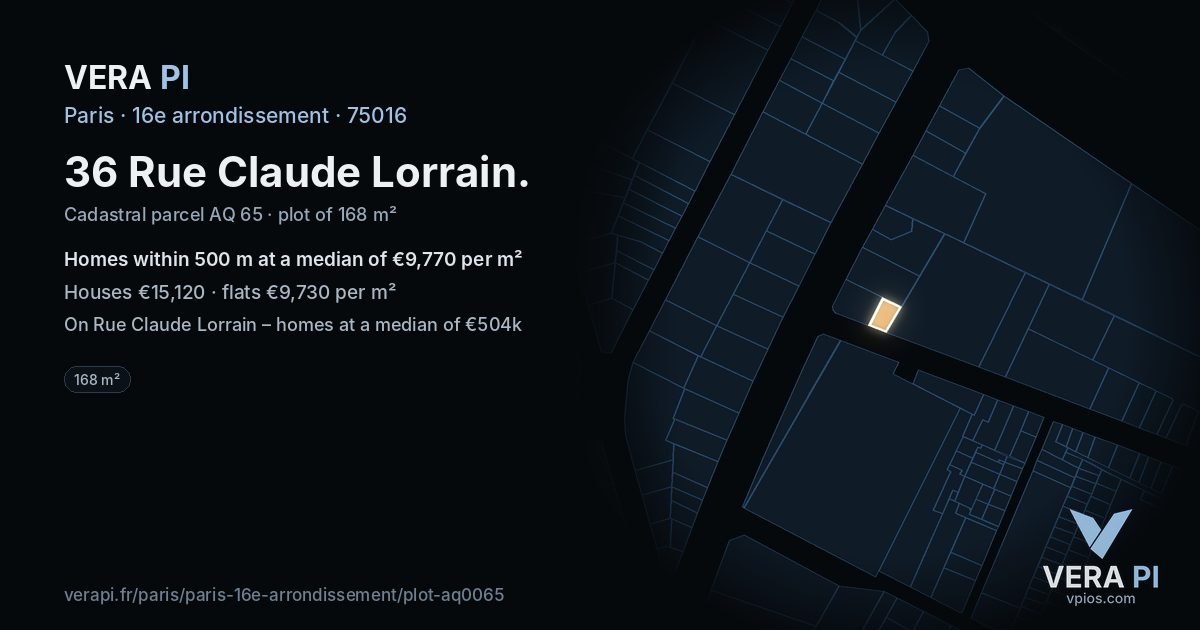 36 Rue Claude Lorrain, 16e arrondissement at night – the plot lit, the parcels around coloured by the prices near them