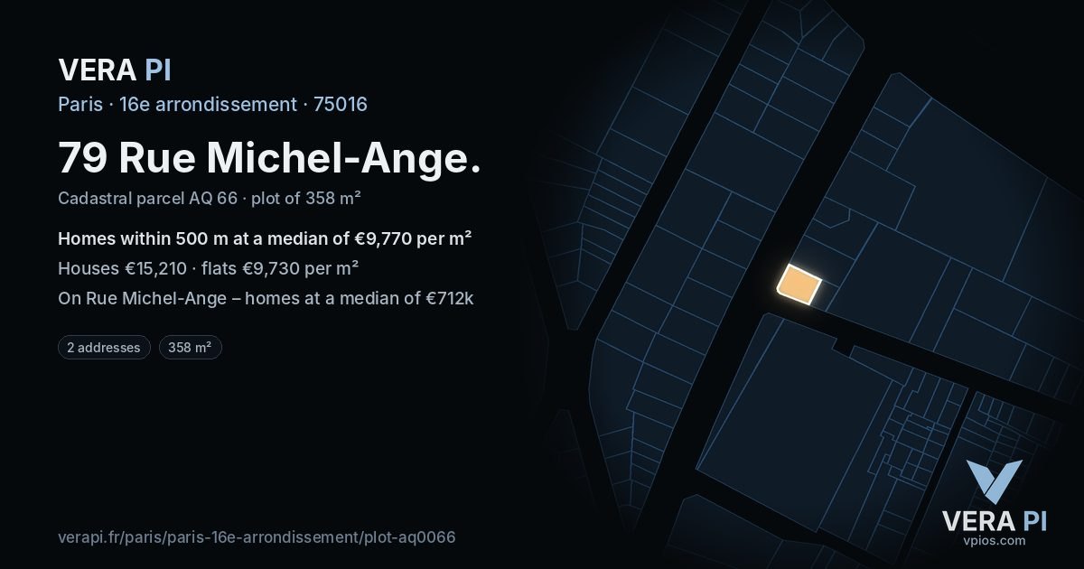79 Rue Michel-Ange, 16e arrondissement at night – the plot lit, the parcels around coloured by the prices near them