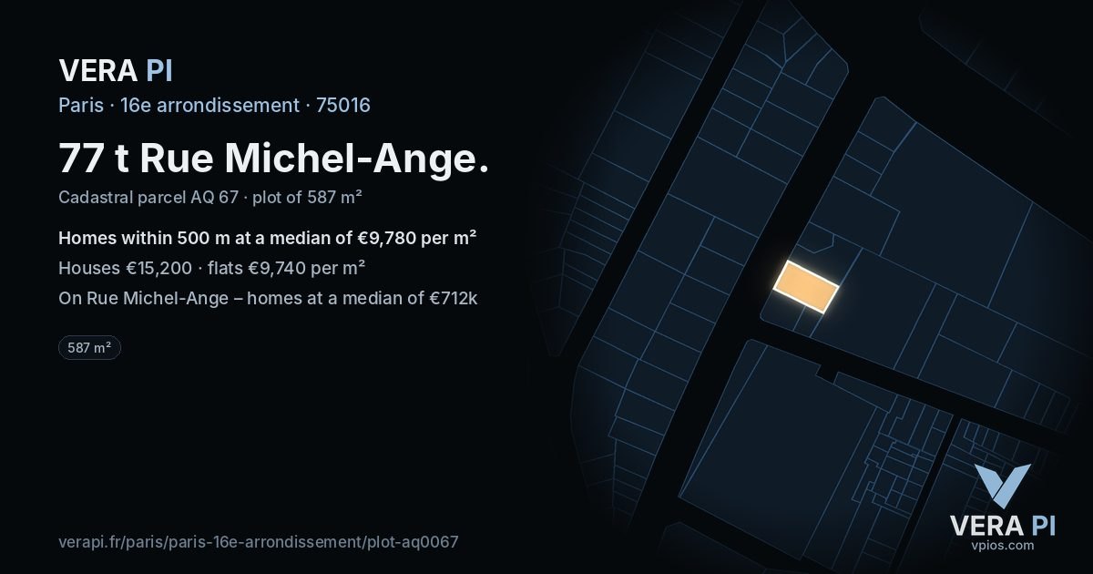 77 t Rue Michel-Ange, 16e arrondissement at night – the plot lit, the parcels around coloured by the prices near them