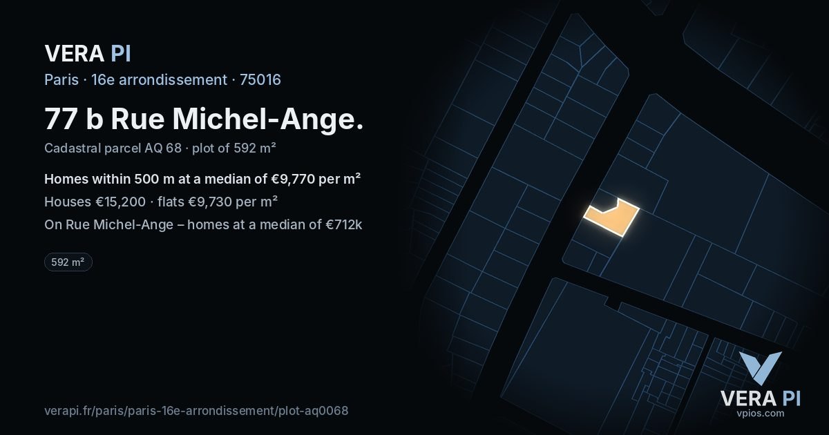 77 b Rue Michel-Ange, 16e arrondissement at night – the plot lit, the parcels around coloured by the prices near them