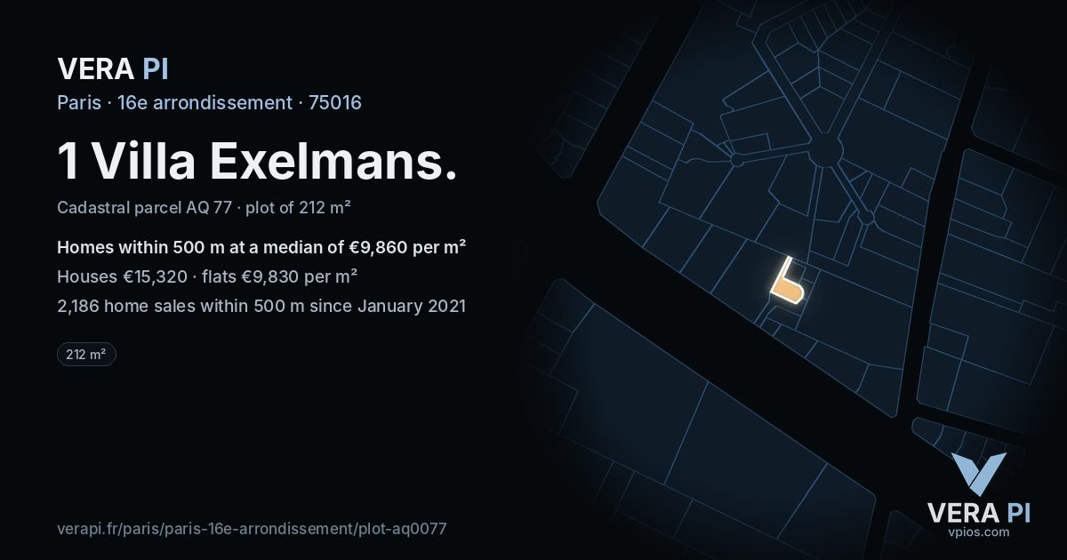 1 Villa Exelmans, 16e arrondissement at night – the plot lit, the parcels around coloured by the prices near them