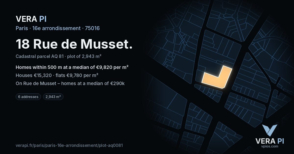 18 Rue de Musset, 16e arrondissement at night – the plot lit, the parcels around coloured by the prices near them