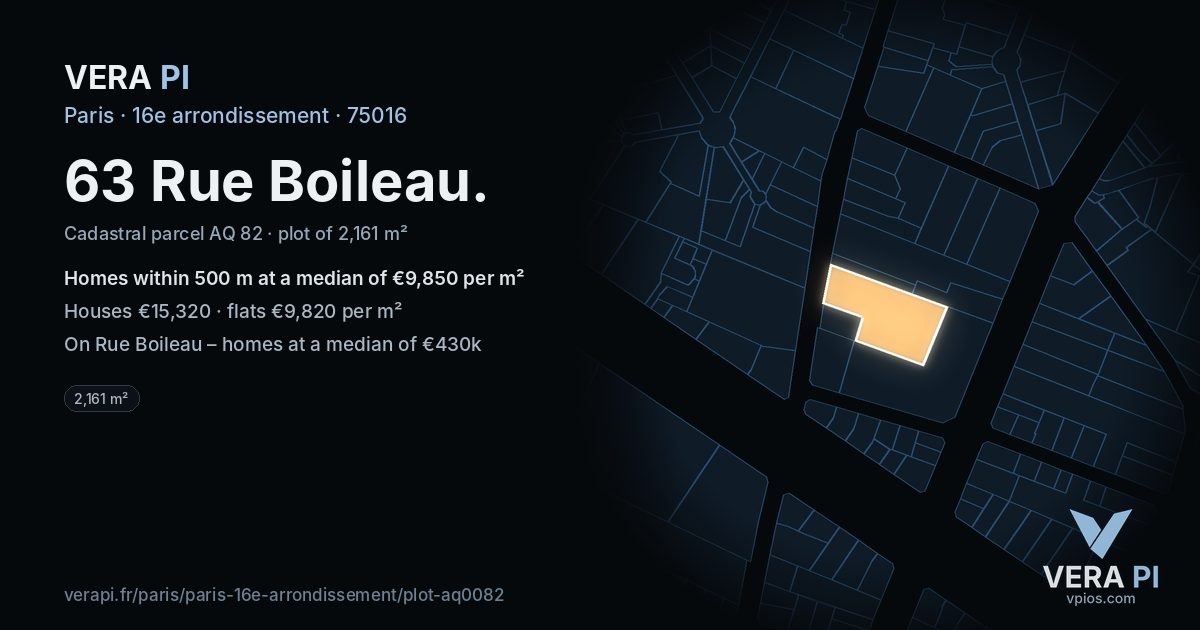 63 Rue Boileau, 16e arrondissement at night – the plot lit, the parcels around coloured by the prices near them