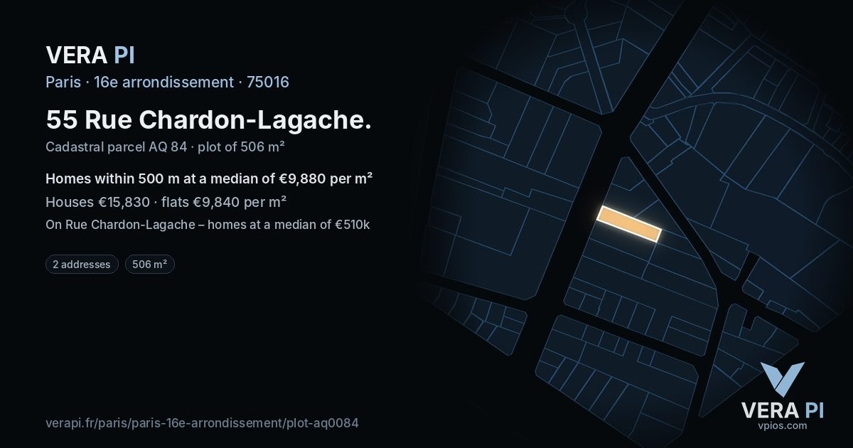 55 Rue Chardon-Lagache, 16e arrondissement at night – the plot lit, the parcels around coloured by the prices near them