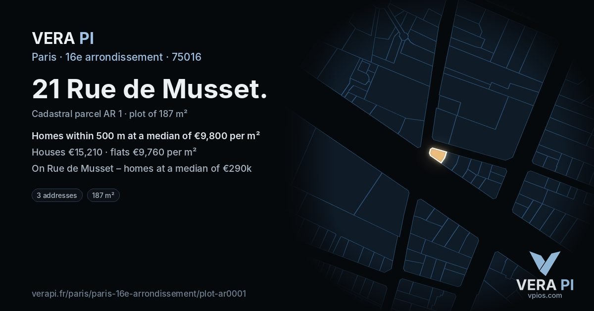 21 Rue de Musset, 16e arrondissement at night – the plot lit, the parcels around coloured by the prices near them