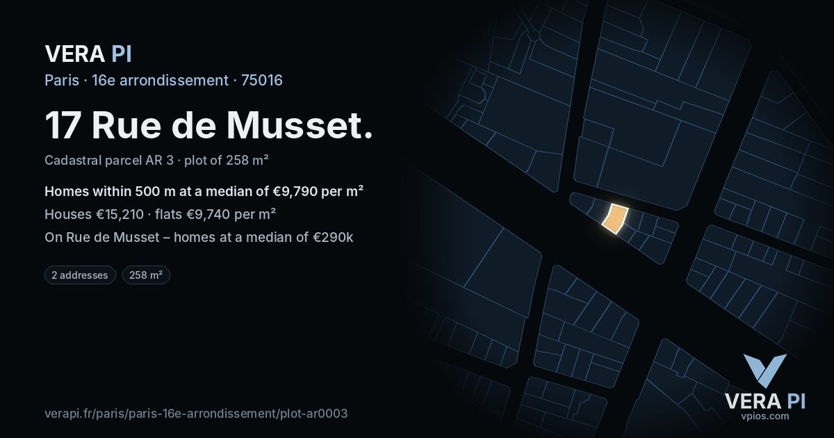 17 Rue de Musset, 16e arrondissement at night – the plot lit, the parcels around coloured by the prices near them