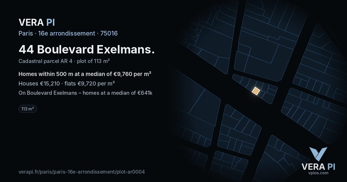 44 Boulevard Exelmans, 16e arrondissement at night – the plot lit, the parcels around coloured by the prices near them
