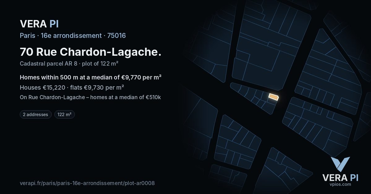 70 Rue Chardon-Lagache, 16e arrondissement at night – the plot lit, the parcels around coloured by the prices near them