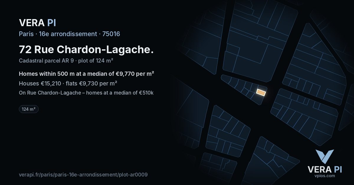 72 Rue Chardon-Lagache, 16e arrondissement at night – the plot lit, the parcels around coloured by the prices near them