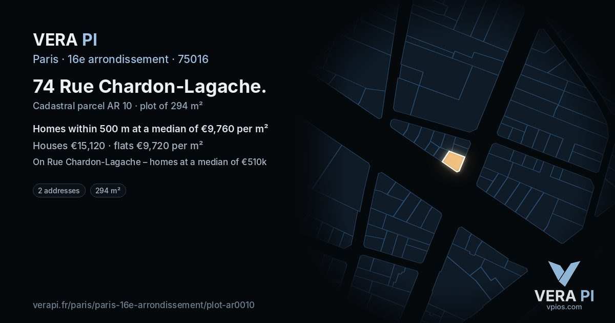 74 Rue Chardon-Lagache, 16e arrondissement at night – the plot lit, the parcels around coloured by the prices near them