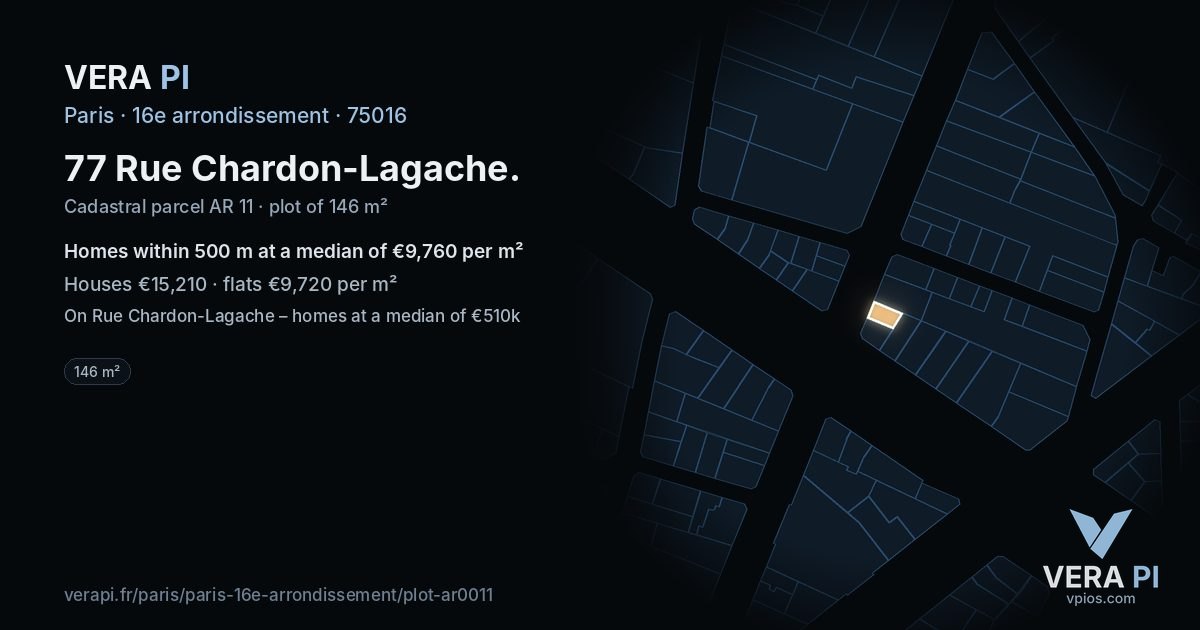 77 Rue Chardon-Lagache, 16e arrondissement at night – the plot lit, the parcels around coloured by the prices near them