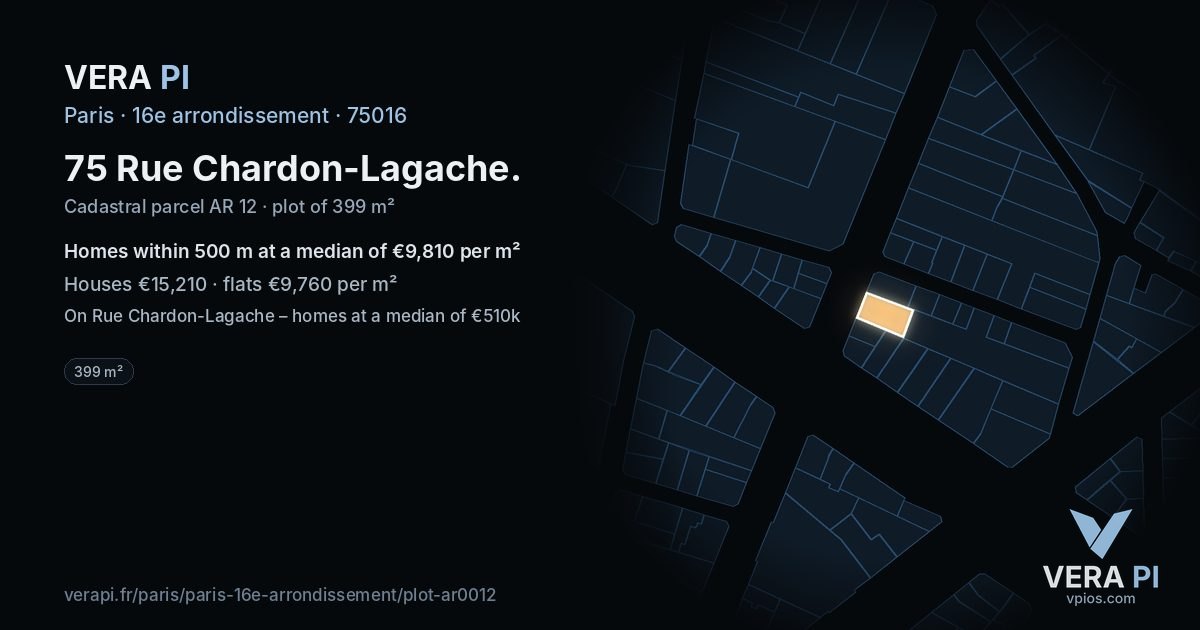 75 Rue Chardon-Lagache, 16e arrondissement at night – the plot lit, the parcels around coloured by the prices near them