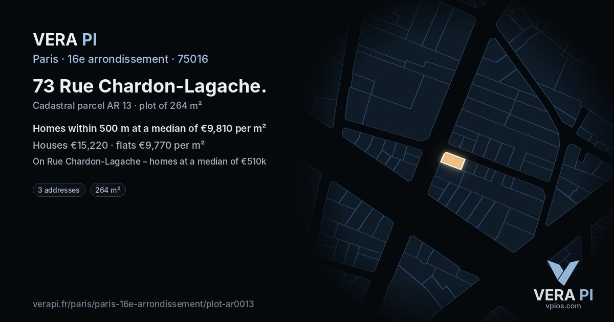 73 Rue Chardon-Lagache, 16e arrondissement at night – the plot lit, the parcels around coloured by the prices near them