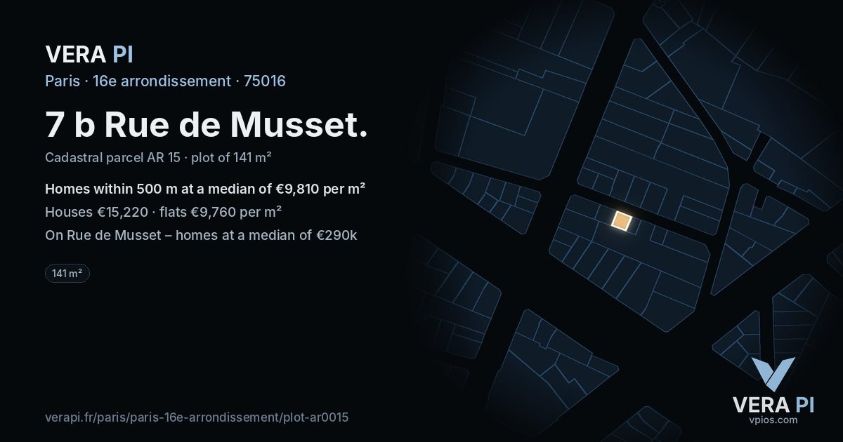 7 b Rue de Musset, 16e arrondissement at night – the plot lit, the parcels around coloured by the prices near them