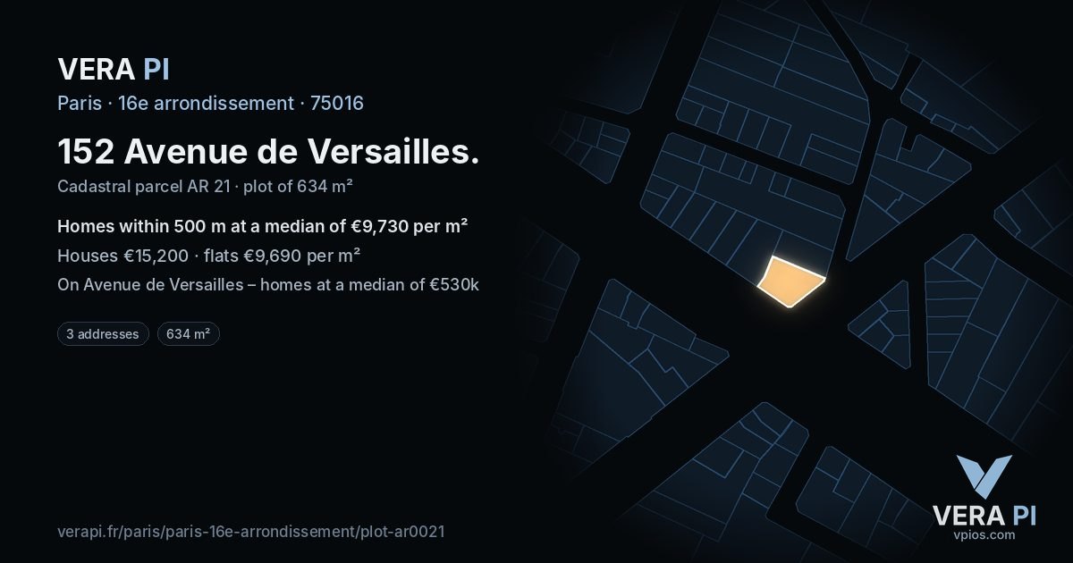 152 Avenue de Versailles, 16e arrondissement at night – the plot lit, the parcels around coloured by the prices near them