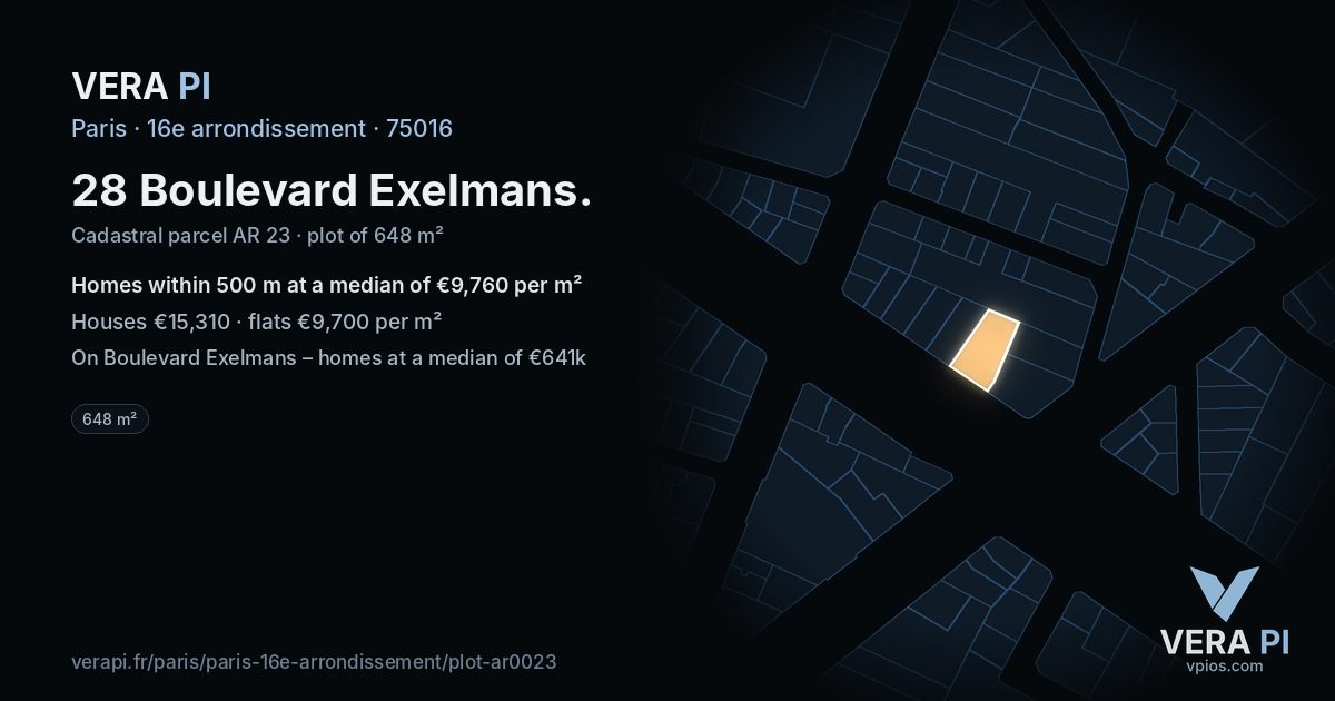 28 Boulevard Exelmans, 16e arrondissement at night – the plot lit, the parcels around coloured by the prices near them