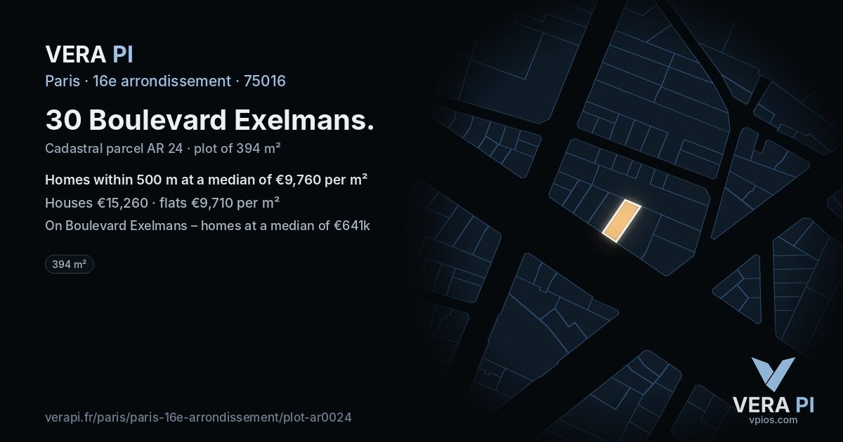 30 Boulevard Exelmans, 16e arrondissement at night – the plot lit, the parcels around coloured by the prices near them