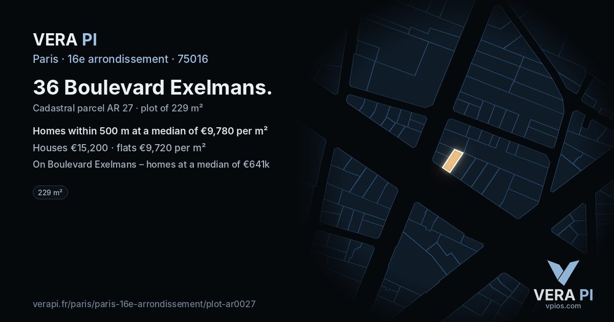36 Boulevard Exelmans, 16e arrondissement at night – the plot lit, the parcels around coloured by the prices near them