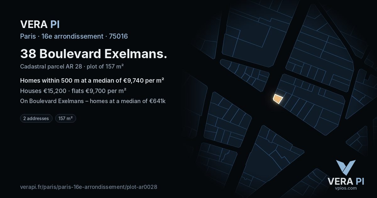 38 Boulevard Exelmans, 16e arrondissement at night – the plot lit, the parcels around coloured by the prices near them