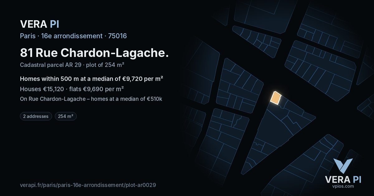 81 Rue Chardon-Lagache, 16e arrondissement at night – the plot lit, the parcels around coloured by the prices near them