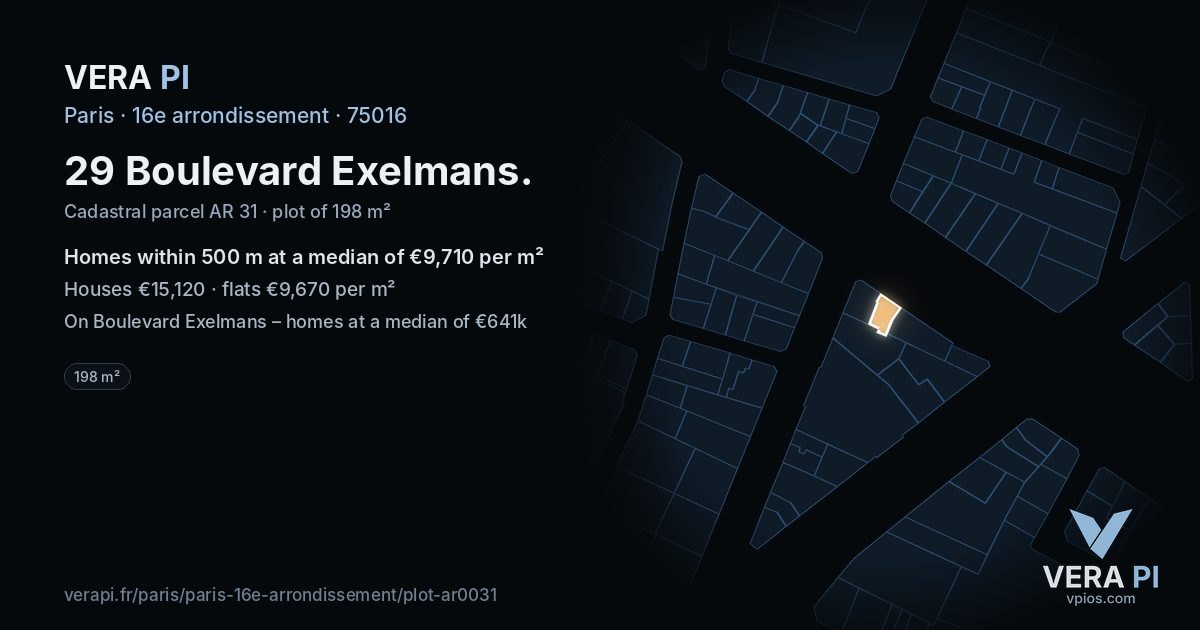 29 Boulevard Exelmans, 16e arrondissement at night – the plot lit, the parcels around coloured by the prices near them