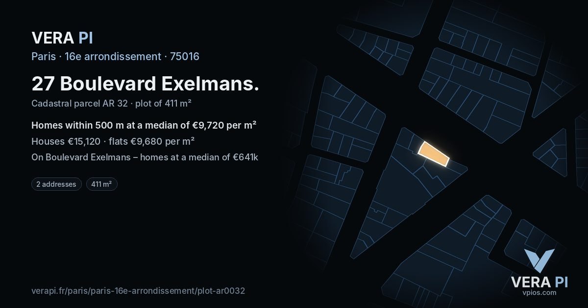 27 Boulevard Exelmans, 16e arrondissement at night – the plot lit, the parcels around coloured by the prices near them