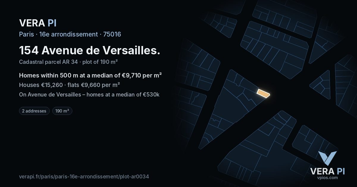 154 Avenue de Versailles, 16e arrondissement at night – the plot lit, the parcels around coloured by the prices near them