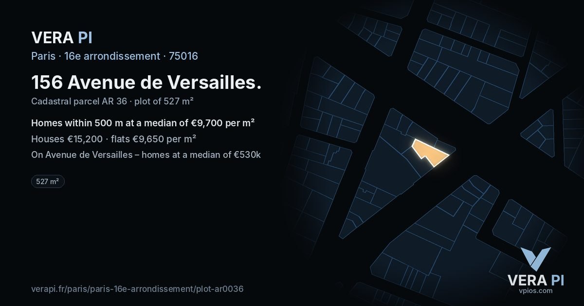 156 Avenue de Versailles, 16e arrondissement at night – the plot lit, the parcels around coloured by the prices near them