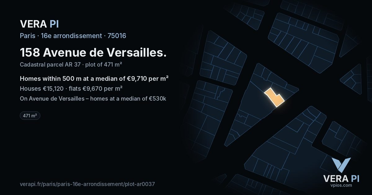 158 Avenue de Versailles, 16e arrondissement at night – the plot lit, the parcels around coloured by the prices near them