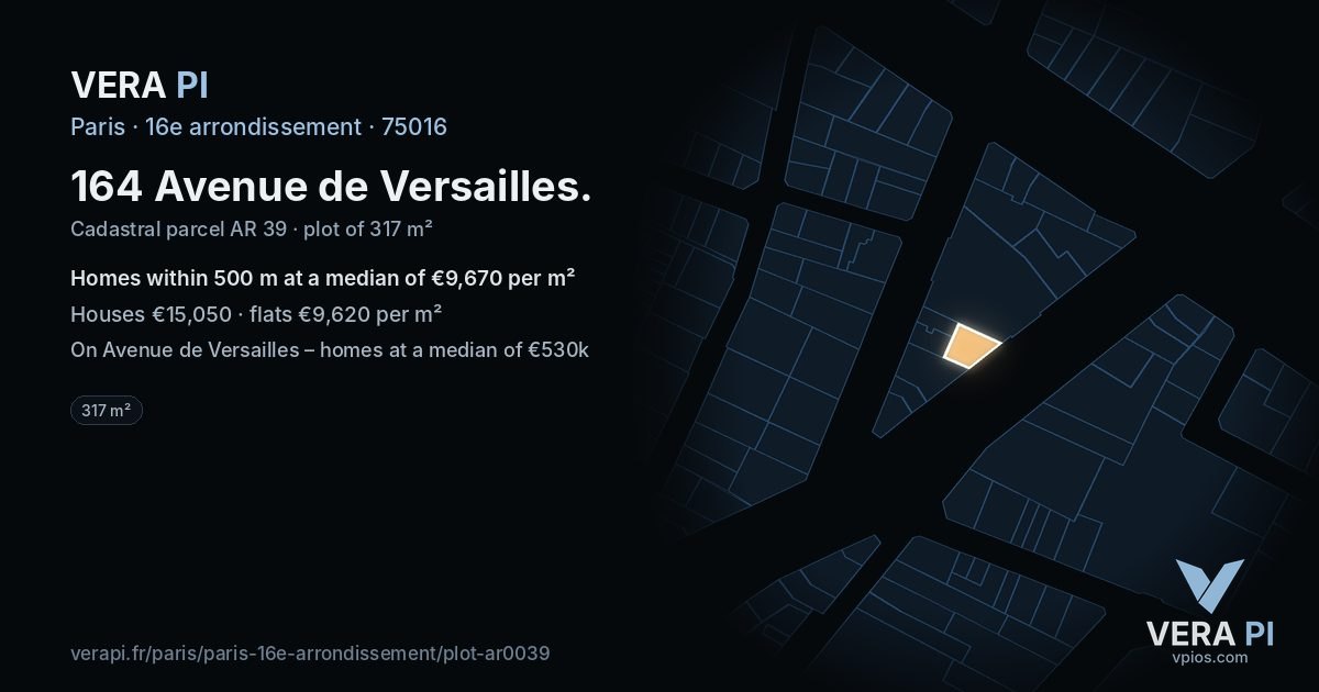 164 Avenue de Versailles, 16e arrondissement at night – the plot lit, the parcels around coloured by the prices near them