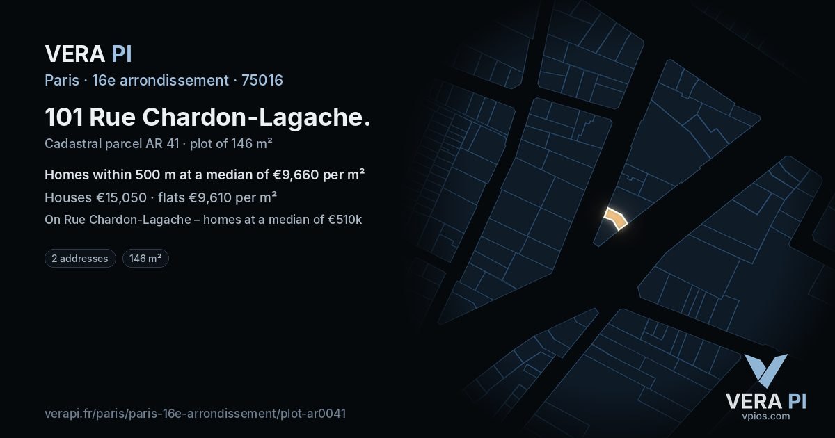 101 Rue Chardon-Lagache, 16e arrondissement at night – the plot lit, the parcels around coloured by the prices near them