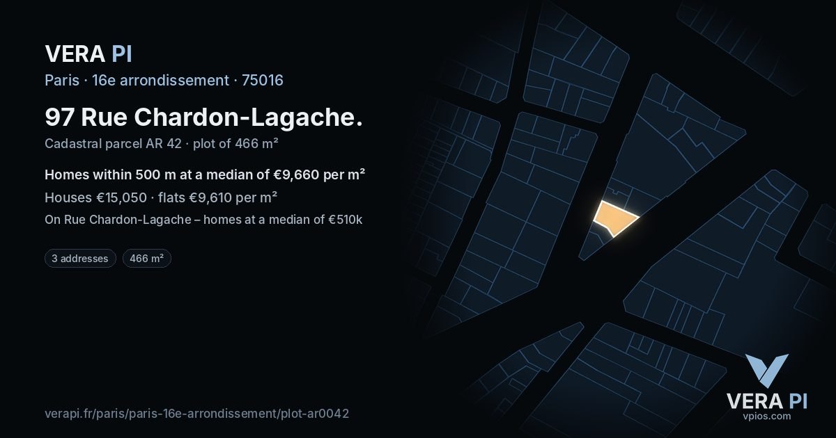 97 Rue Chardon-Lagache, 16e arrondissement at night – the plot lit, the parcels around coloured by the prices near them