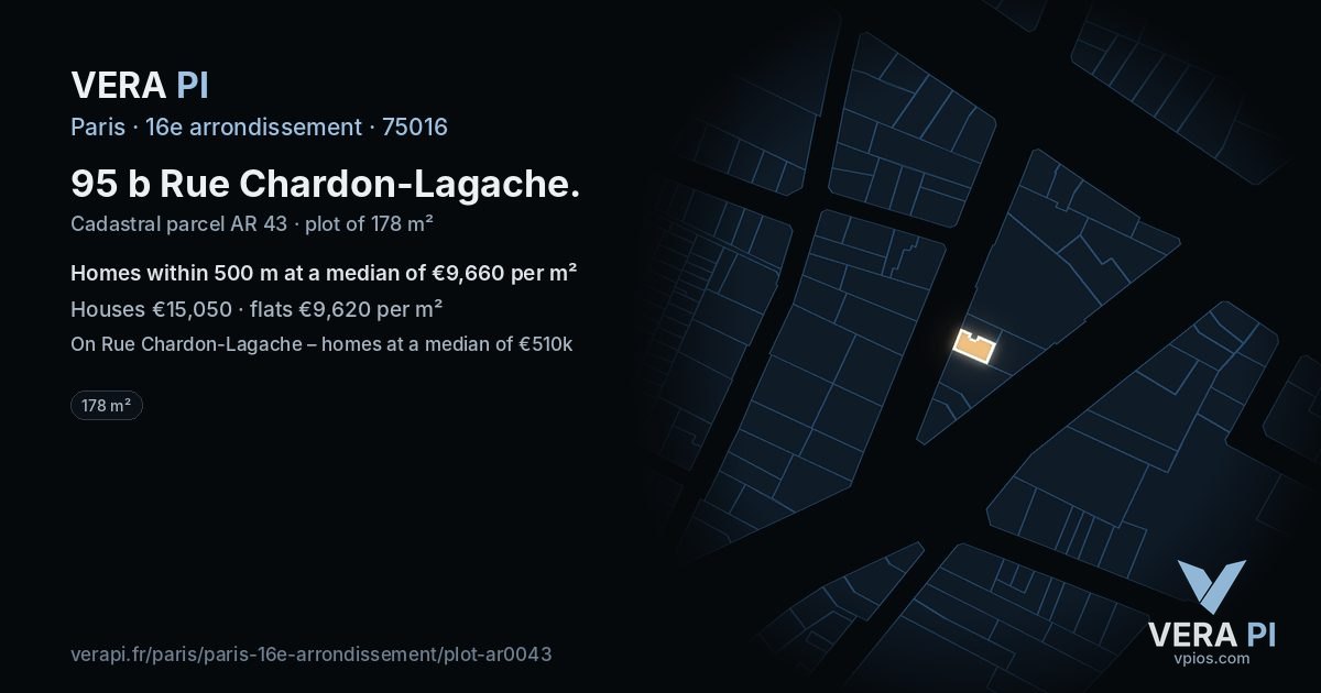 95 b Rue Chardon-Lagache, 16e arrondissement at night – the plot lit, the parcels around coloured by the prices near them