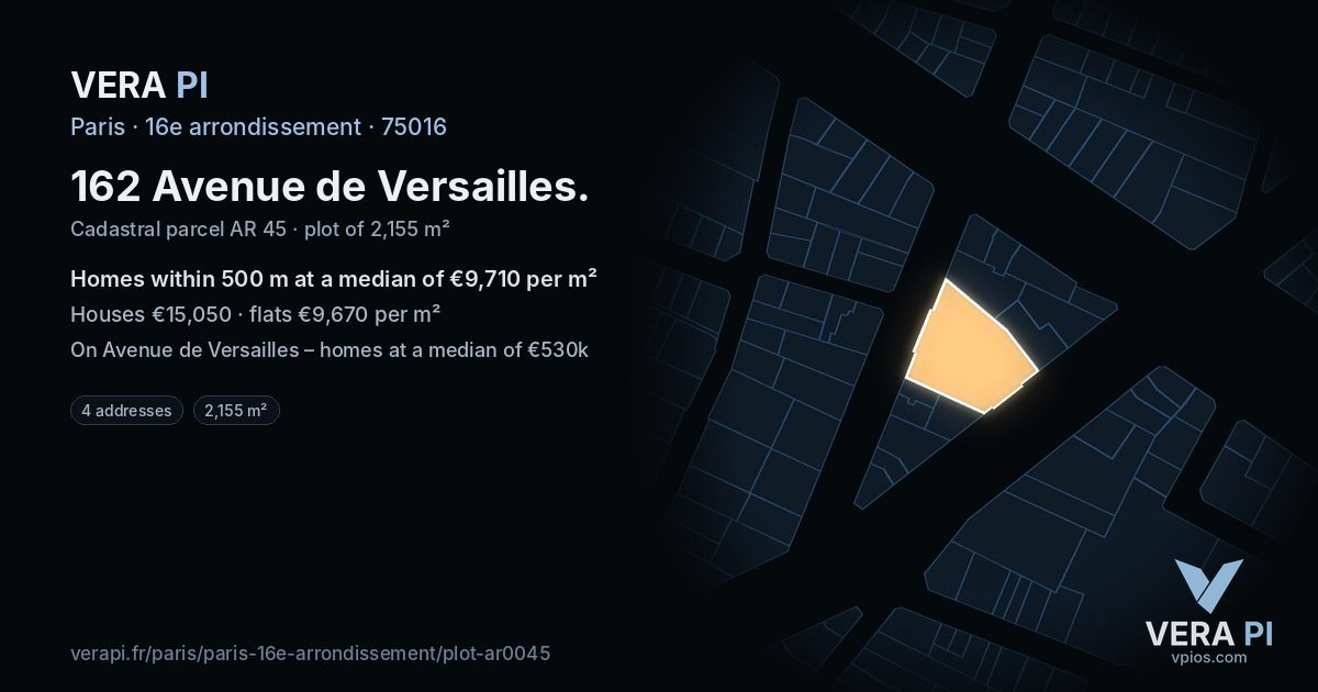 162 Avenue de Versailles, 16e arrondissement at night – the plot lit, the parcels around coloured by the prices near them