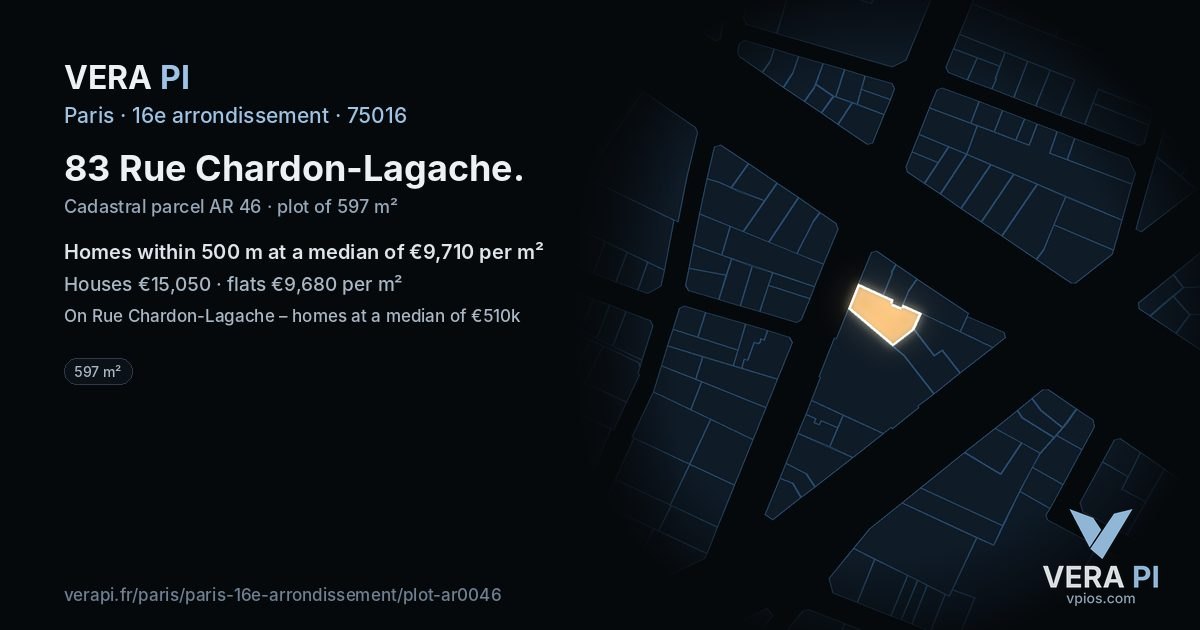 83 Rue Chardon-Lagache, 16e arrondissement at night – the plot lit, the parcels around coloured by the prices near them