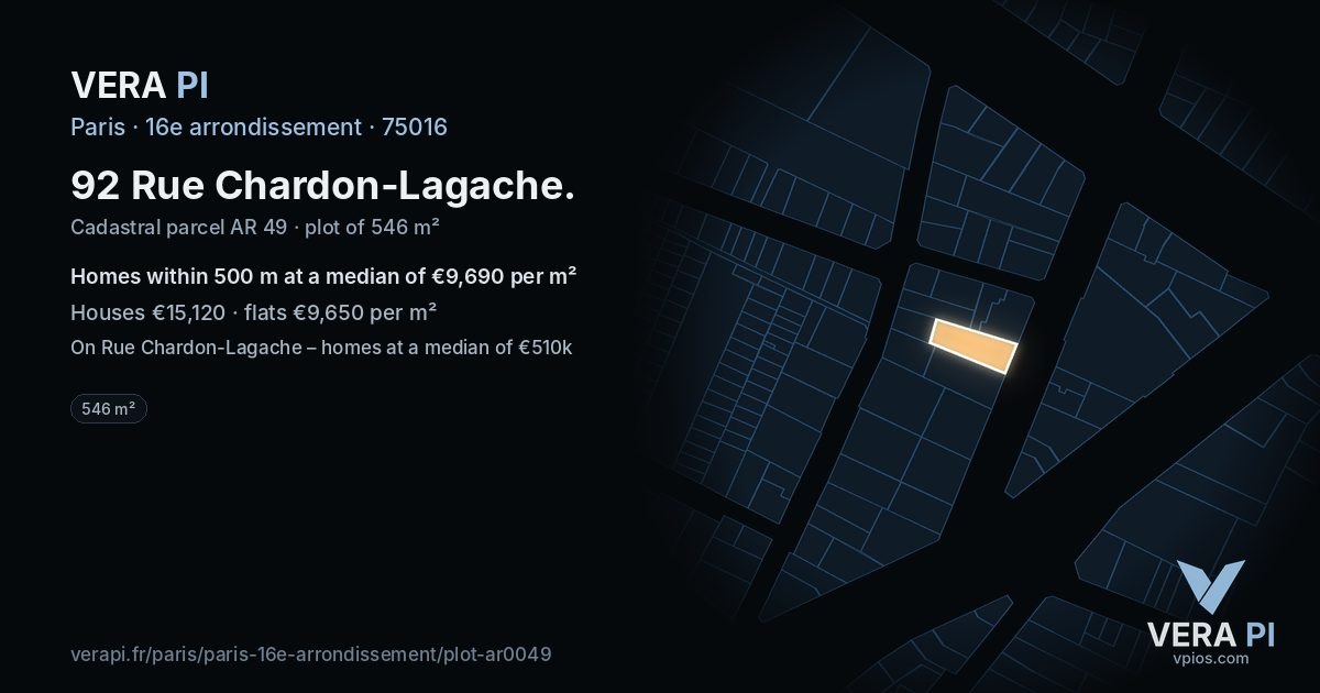 92 Rue Chardon-Lagache, 16e arrondissement at night – the plot lit, the parcels around coloured by the prices near them
