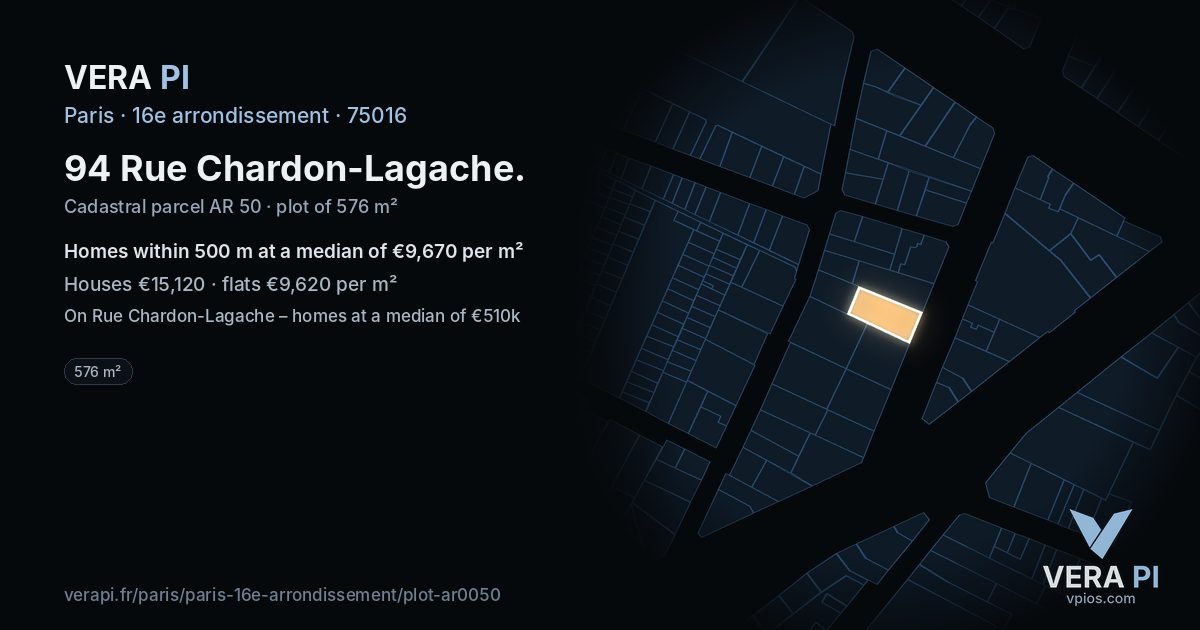 94 Rue Chardon-Lagache, 16e arrondissement at night – the plot lit, the parcels around coloured by the prices near them