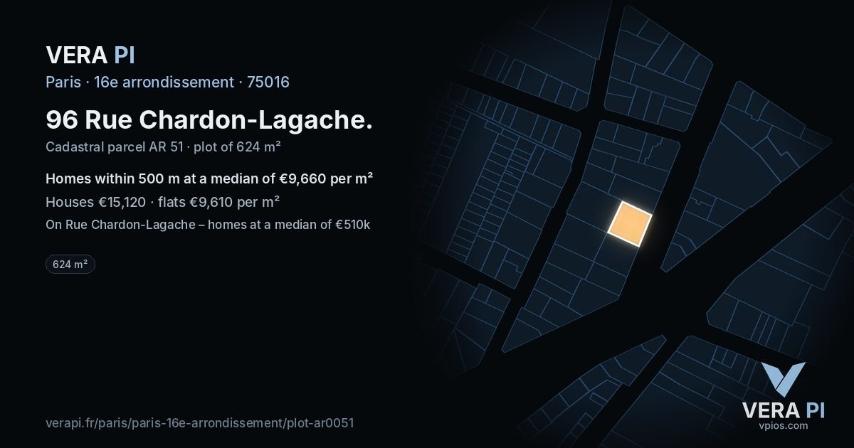 96 Rue Chardon-Lagache, 16e arrondissement at night – the plot lit, the parcels around coloured by the prices near them