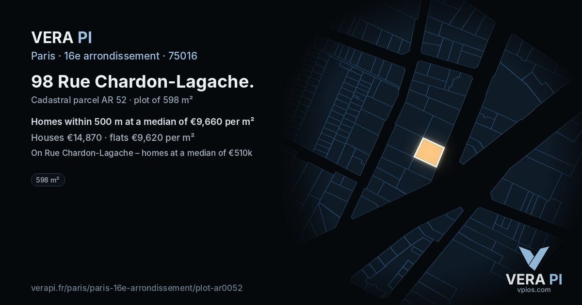 98 Rue Chardon-Lagache, 16e arrondissement at night – the plot lit, the parcels around coloured by the prices near them