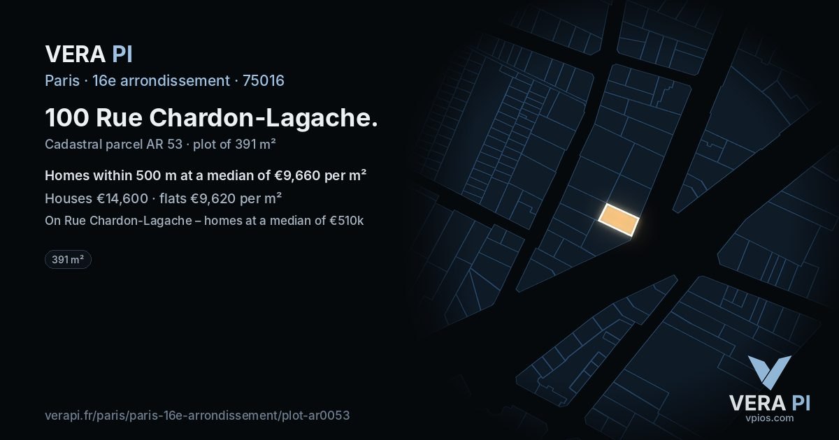 100 Rue Chardon-Lagache, 16e arrondissement at night – the plot lit, the parcels around coloured by the prices near them