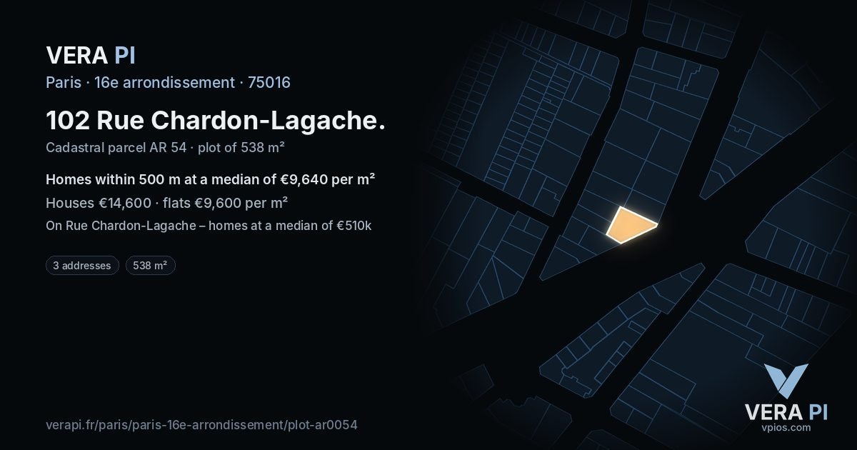 102 Rue Chardon-Lagache, 16e arrondissement at night – the plot lit, the parcels around coloured by the prices near them