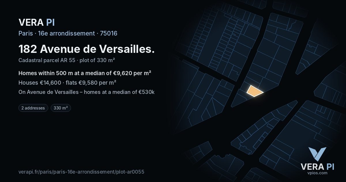 182 Avenue de Versailles, 16e arrondissement at night – the plot lit, the parcels around coloured by the prices near them