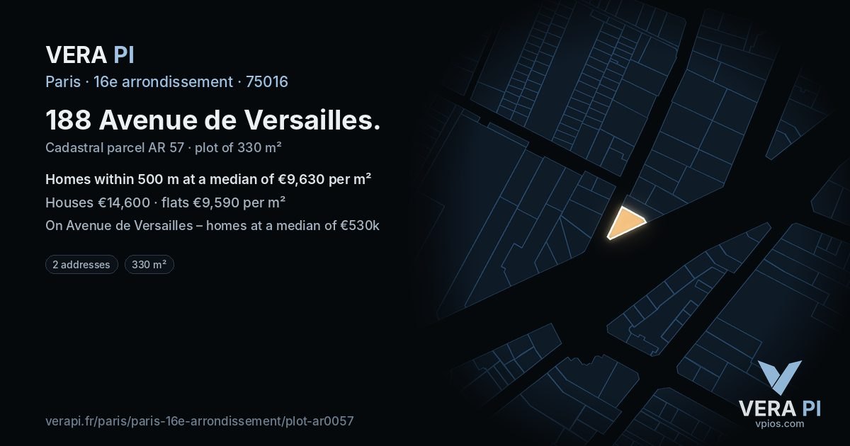 188 Avenue de Versailles, 16e arrondissement at night – the plot lit, the parcels around coloured by the prices near them