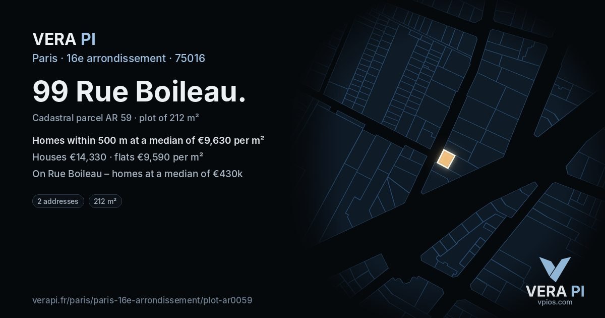 99 Rue Boileau, 16e arrondissement at night – the plot lit, the parcels around coloured by the prices near them