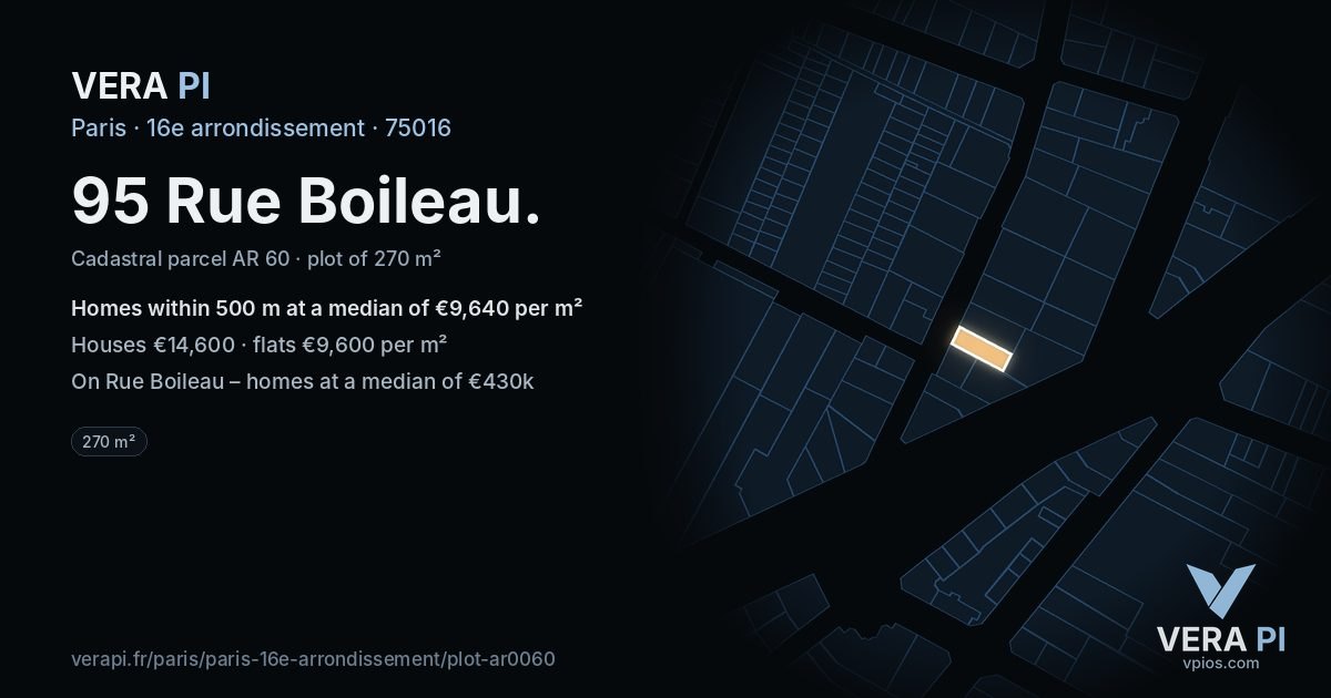 95 Rue Boileau, 16e arrondissement at night – the plot lit, the parcels around coloured by the prices near them